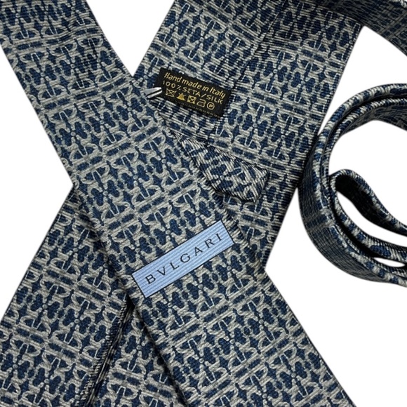 BVLGARI SEVENFOLD XL Blue/Gray Geometric Silk LUXURY Tie ITALY - Picture 4 of 8